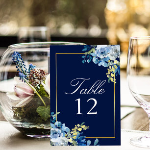Tarjeta De Mesa Boda Floral Elegante de Oro Azul de la Marina Núme