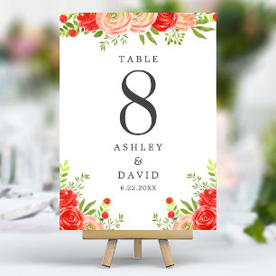 Tarjeta De Mesa Boda floral elegante de rosa pálido y rojo