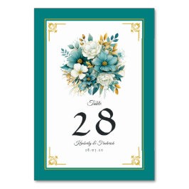 Tarjeta De Mesa Boda floral en azul turquesa y dorado