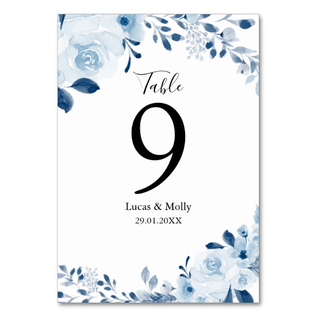 Tarjeta De Mesa Boda floral francés azul moderno (Anverso)
