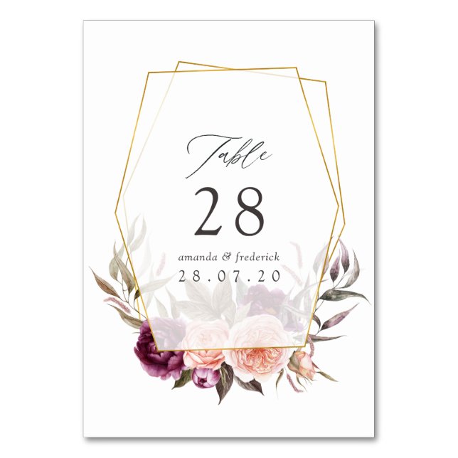 Tarjeta De Mesa Boda floral geométrica con ciruela y borgoña (Anverso)