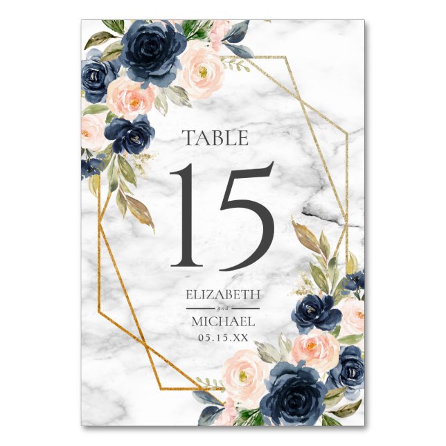 Tarjeta De Mesa Boda floral geométrica de mármol Rubor azul de la  (Anverso)