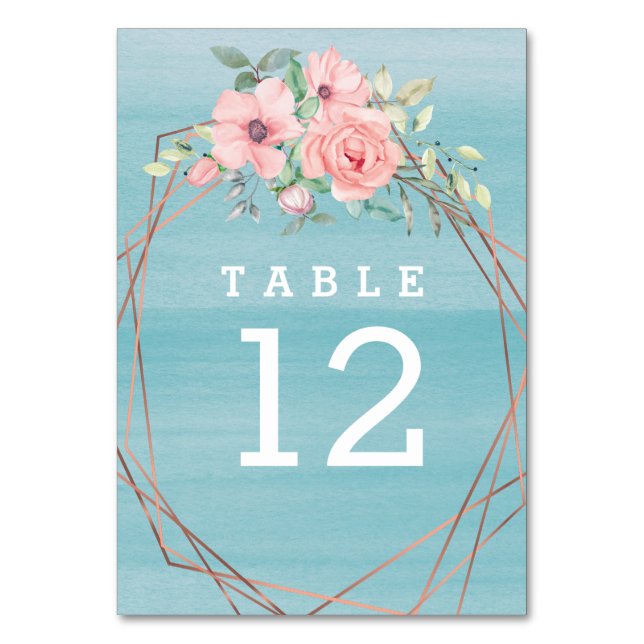 Tarjeta De Mesa Boda Floral Geométrico Boho Aqua Rubor (Anverso)