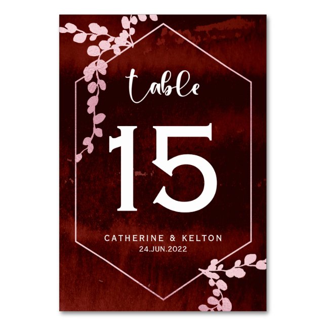 Tarjeta De Mesa Boda floral geométrico ruso de Borgoña rosa (Anverso)