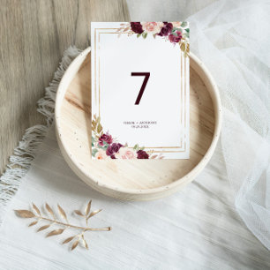 Tarjeta De Mesa Boda floral Gold Geométrico Green Rubor Burgundy