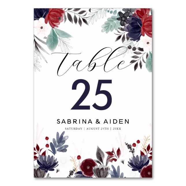 Tarjeta De Mesa Boda floral gótica azul borgoña de la Marina (Anverso)