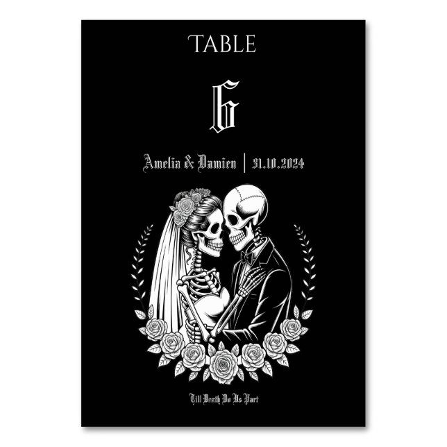 Tarjeta De Mesa Boda floral gótico hasta la muerte Skeleton (Anverso)