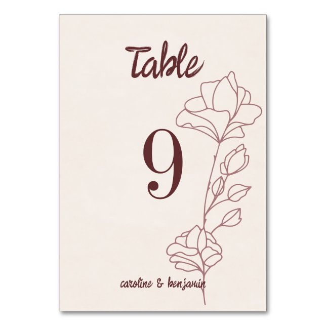 Tarjeta De Mesa Boda floral granate elegante (Anverso)