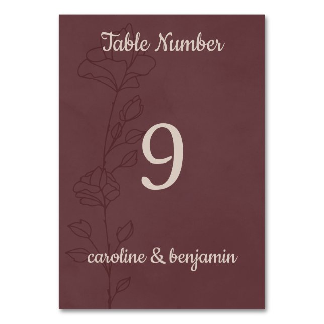 Tarjeta De Mesa Boda floral granate elegante (Anverso)