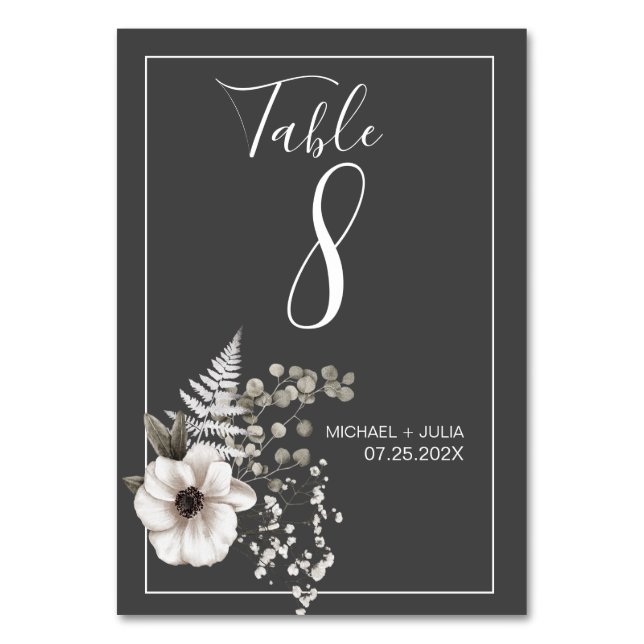 Tarjeta De Mesa Boda floral gris oscuro y blanco (Anverso)
