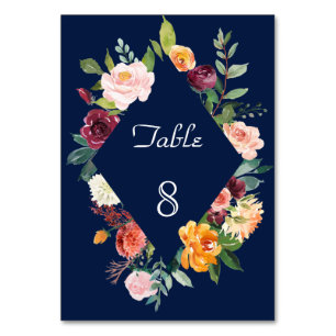 Tarjeta De Mesa Boda Floral Marco Burgundy Rubor Azul Oscuro