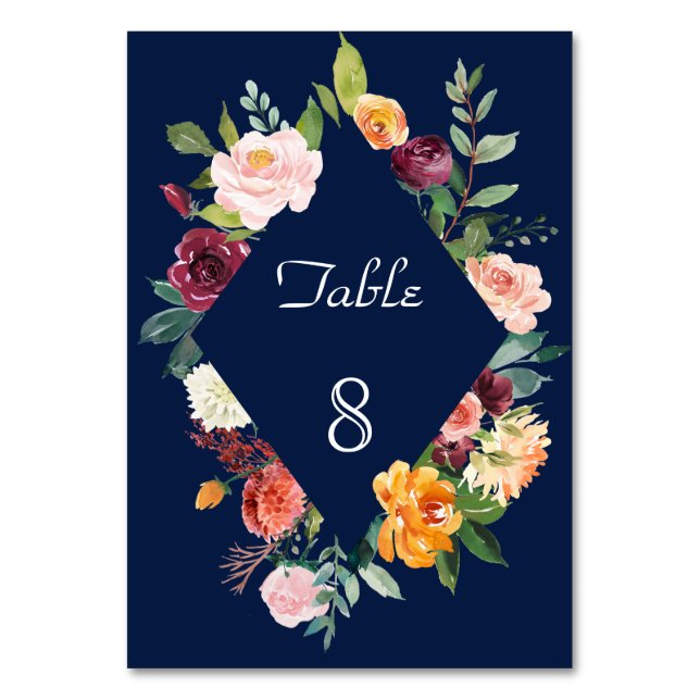 Tarjeta De Mesa Boda Floral Marco Rosa Borgoña Azul Oscuro (Anverso)