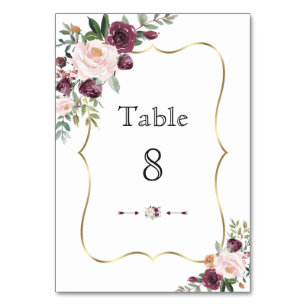 Tarjeta De Mesa Boda Floral Marrón Rosa Beige con Marco Dorado