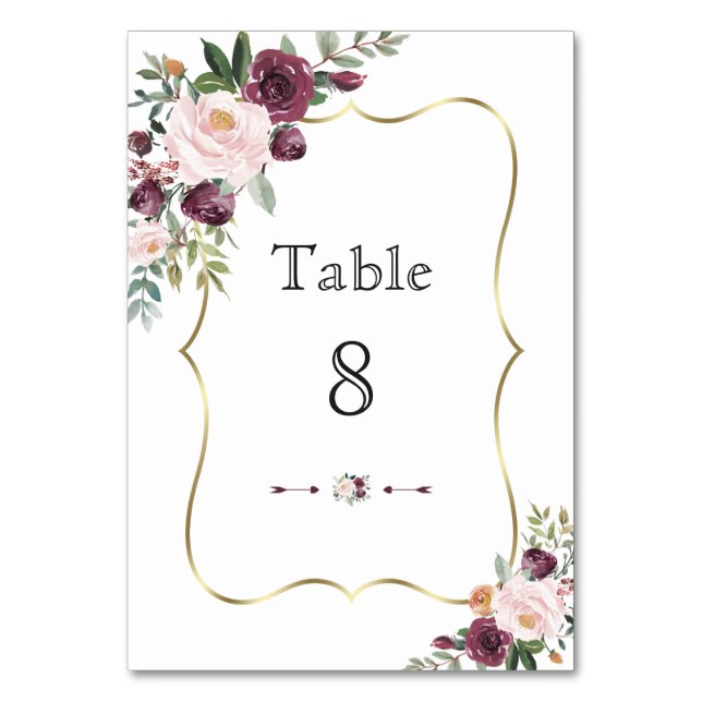 Tarjeta De Mesa Boda Floral Marrón Rosa Claro y Marfil con Marco D (Anverso)