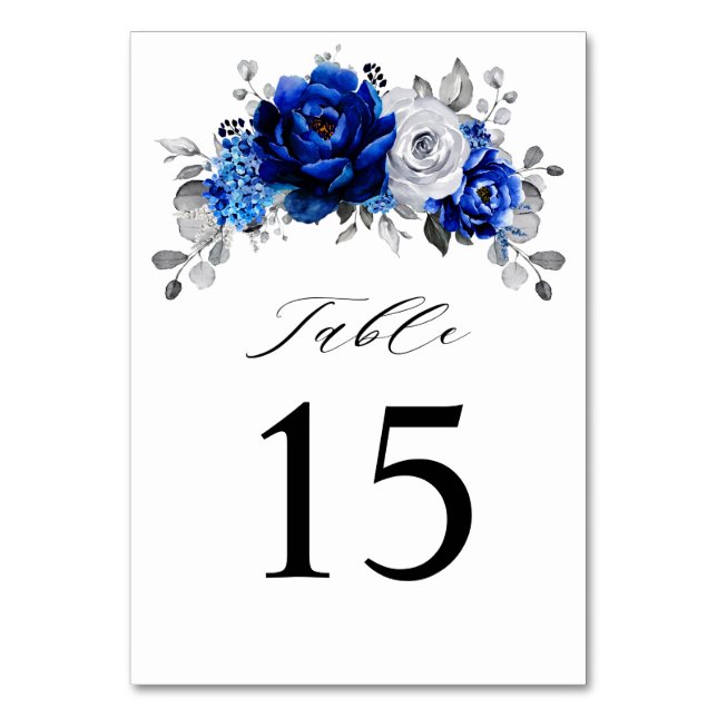 Tarjeta De Mesa Boda floral metálico plateado azul real (Anverso)