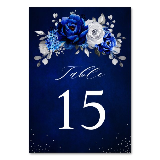 Tarjeta De Mesa Boda floral metálico plateado azul real Ta (Anverso)