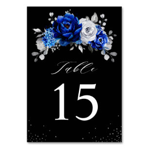 Tarjeta De Mesa Boda floral metálico plateado azul real Ta