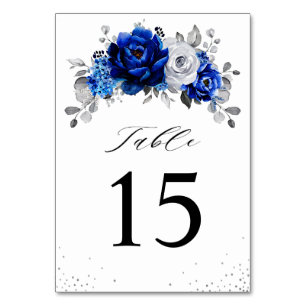 Tarjeta De Mesa Boda floral metálico plateado azul real Ta