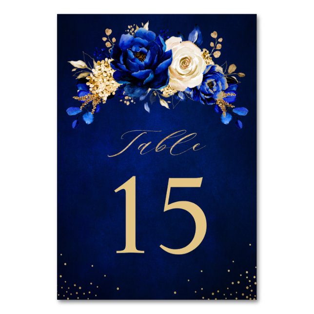 Tarjeta De Mesa Boda floral metálico Royal Blue Yellow Gold (Anverso)