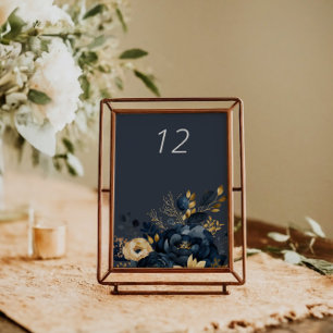 Tarjeta de mesa Boda floral Midnight Blue Gold Lux