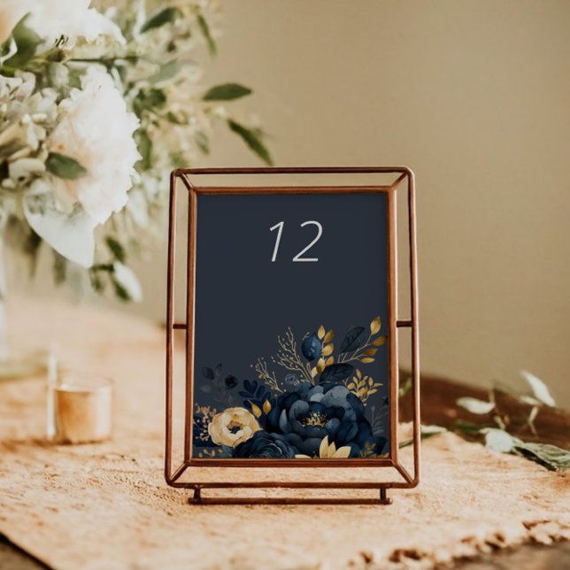Tarjeta de mesa Boda floral Midnight Blue Gold Lux (Subido por el creador)