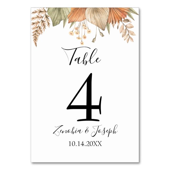 Tarjeta De Mesa Boda Floral Mínimo de Hojas (Anverso)