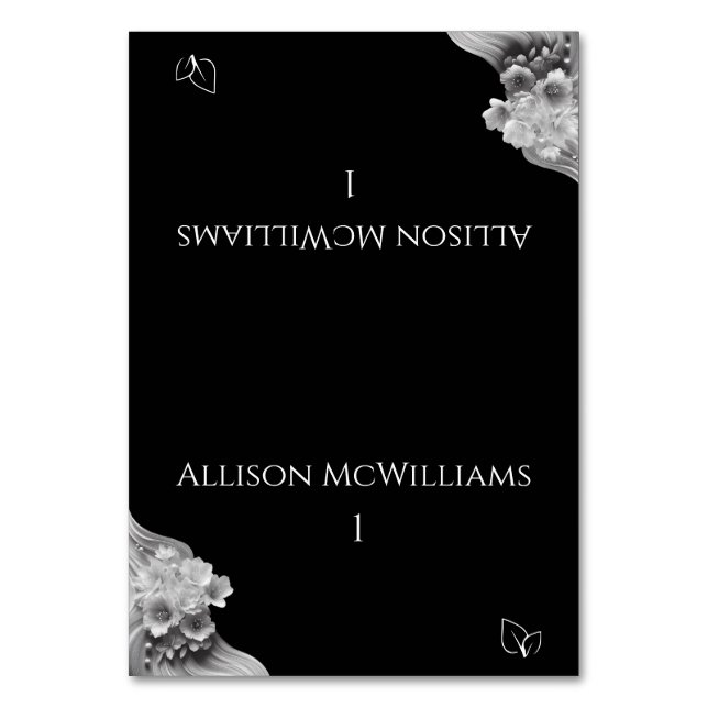 Tarjeta De Mesa Boda floral moderna vegetariana en blanco y negro (Anverso)