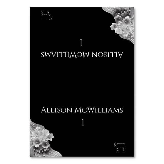 Tarjeta De Mesa Boda floral moderno Ícono de carne blanca y negra (Anverso)