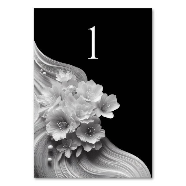 Tarjeta De Mesa Boda floral moderno negro y blanco (Anverso)