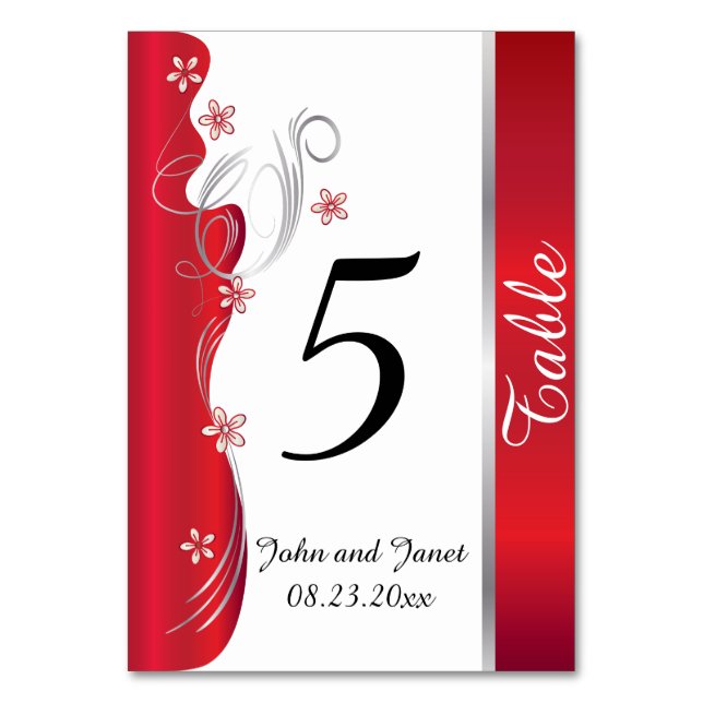 Tarjeta De Mesa Boda floral moderno | Rojo profundo y plata (Anverso)