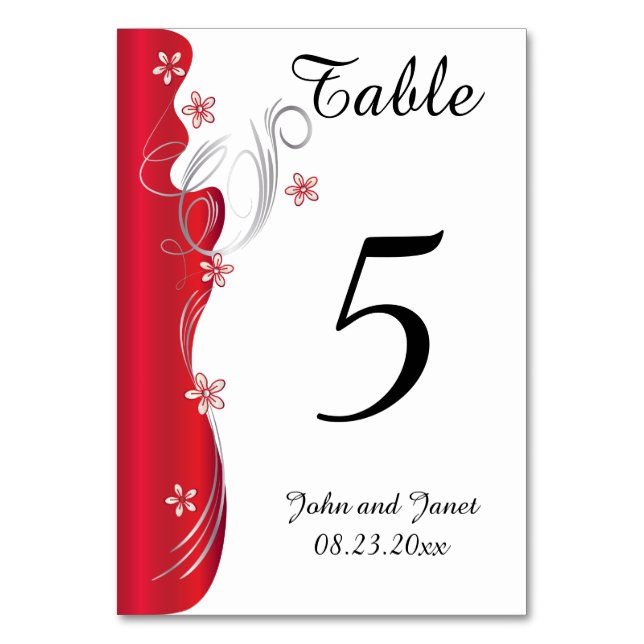 Tarjeta De Mesa Boda floral moderno | Rojo profundo y plata (Anverso)