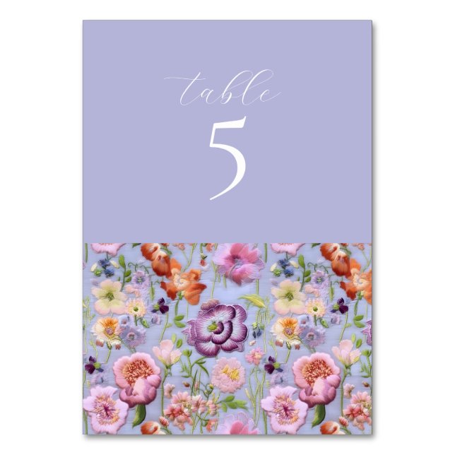 Tarjeta De Mesa Boda Floral Morada Bordada (Anverso)
