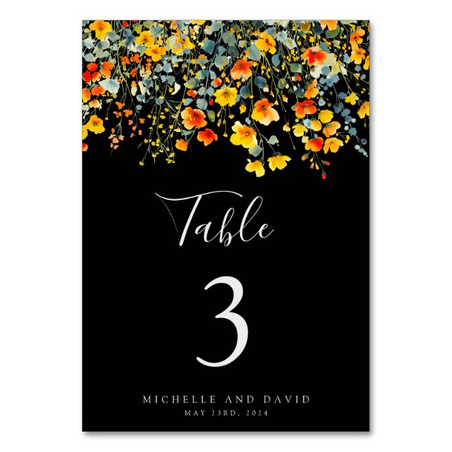 Tarjeta De Mesa Boda floral negro brillante (Anverso)