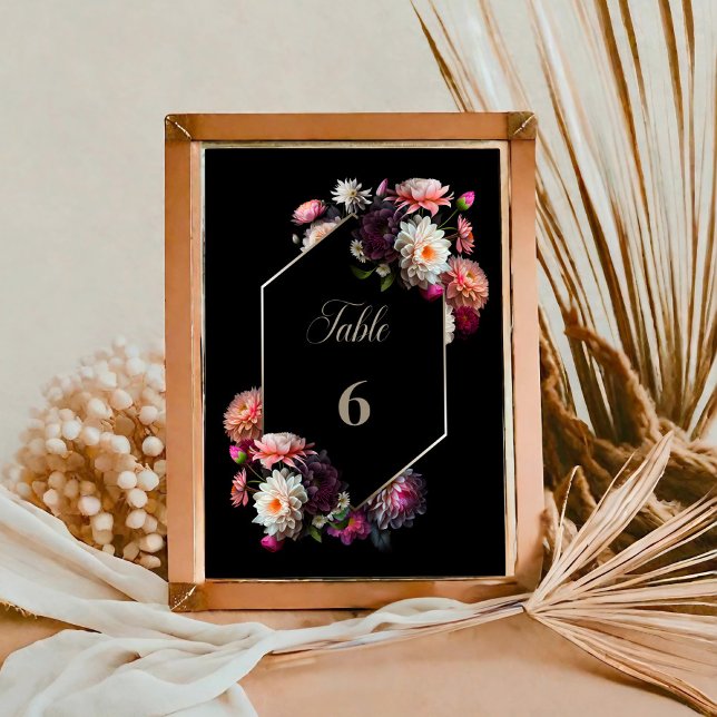 Tarjeta De Mesa Boda floral negro moderno número de tabla (Subido por el creador)