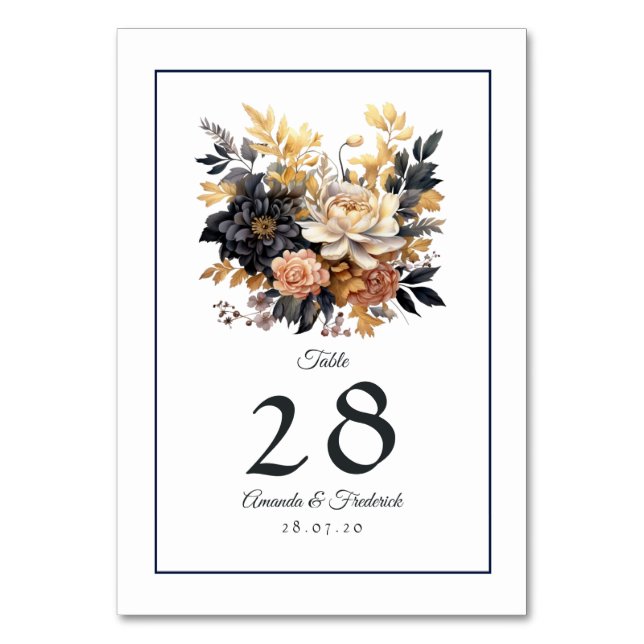 Tarjeta De Mesa Boda floral negro y dorado (Anverso)