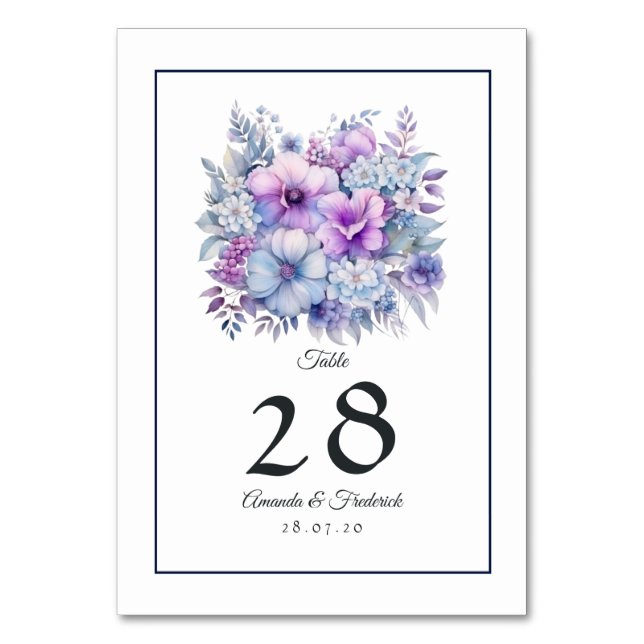 Tarjeta De Mesa Boda Floral Plata, Icy Blue y Lilac (Anverso)