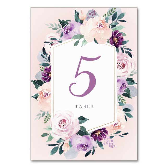 Tarjeta De Mesa Boda floral púrpura botánico floreciente (Anverso)