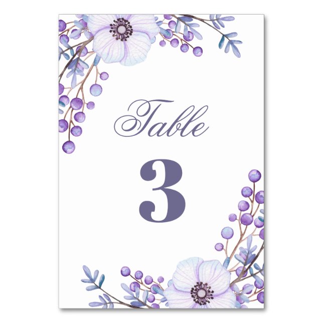 Tarjeta De Mesa Boda floral púrpura. Flores lilicas acuáticas (Anverso)
