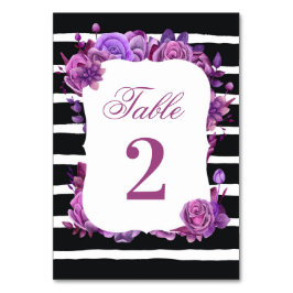 Tarjeta De Mesa Boda floral púrpura y rosa. Rayas negras