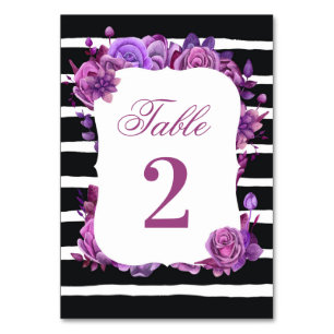 Tarjeta De Mesa Boda floral púrpura y rosa. Rayas negras