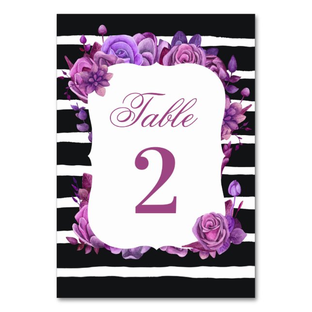Tarjeta De Mesa Boda floral púrpura y rosa. Rayas negras (Anverso)