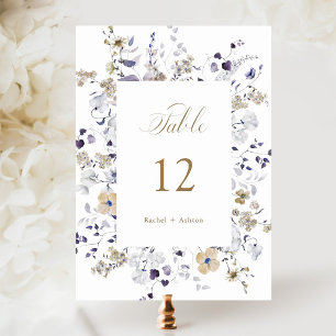 Tarjeta De Mesa Boda floral romántica de púrpura y oro blanco