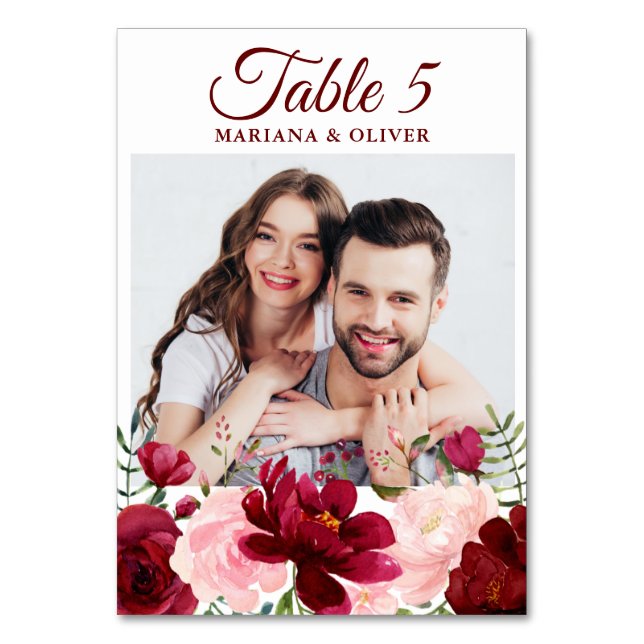 Tarjeta De Mesa Boda Floral Rosa Borgoña (Anverso)