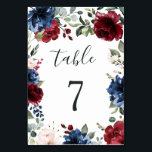 Tarjeta De Mesa Boda floral rosa de Rubor azul marino y borgoña<br><div class="desc">Template presenta una elegante corona de flores acuáticas en tonos rojos burdeos,  Marsala,  marina y rosa ondulado con un diseño moderno de tipografía.</div>