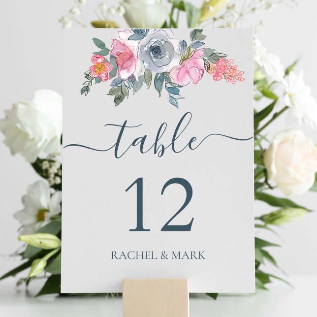 Tarjeta De Mesa Boda floral rosa Dusty Blue Rubor (Subido por el creador)