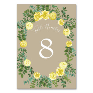 Tarjeta De Mesa Boda floral Rosa Khaki Ecru amarillo claro