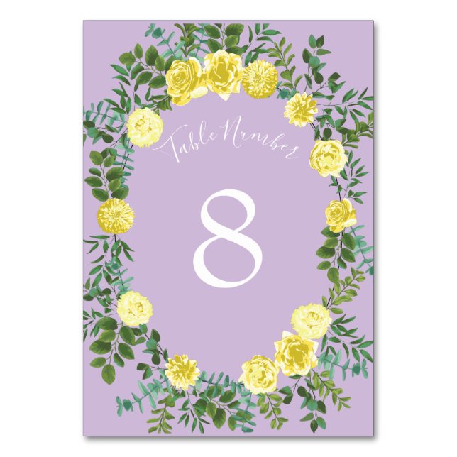 Tarjeta De Mesa Boda floral Rosa púrpura Lilac amarillo claro (Reverso)