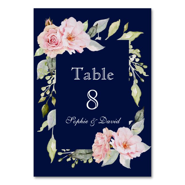 Tarjeta De Mesa Boda Floral Rosa Rubor Azul Marino (Anverso)