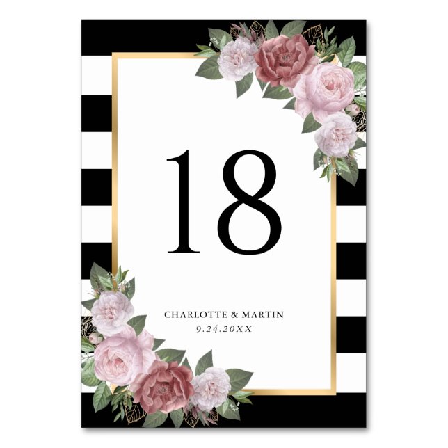 Tarjeta De Mesa Boda floral rosa Rubor blanco negro (Anverso)