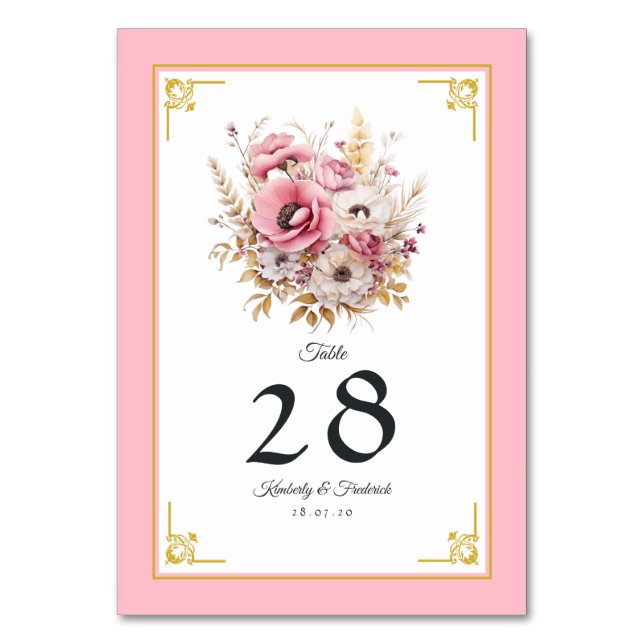 Tarjeta De Mesa Boda floral rosa y dorada (Anverso)